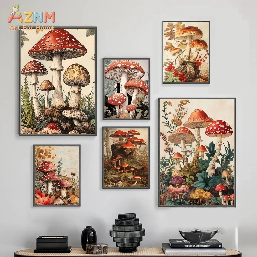 AZNM Vintage Fly Agaric Mushroom Canvas Print Forest Botanical Plant Retro Cottagecore Natural Scenery Home Wall Poster Unframed