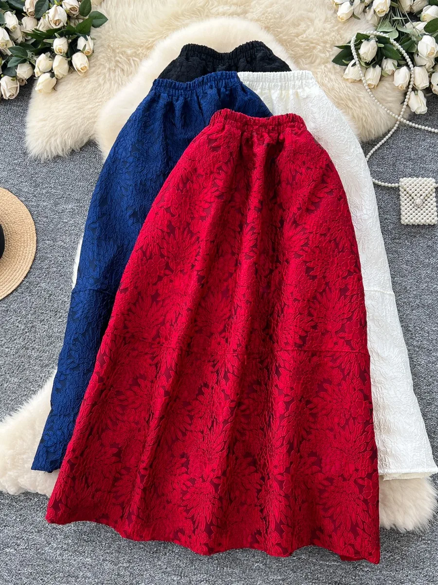 

Foamlina 2025 женская французская винтажная жаккардовая юбка трапециевидной формы с высокой талией, элегантная облегающая пышная юбка-миди, осенний модный наряд