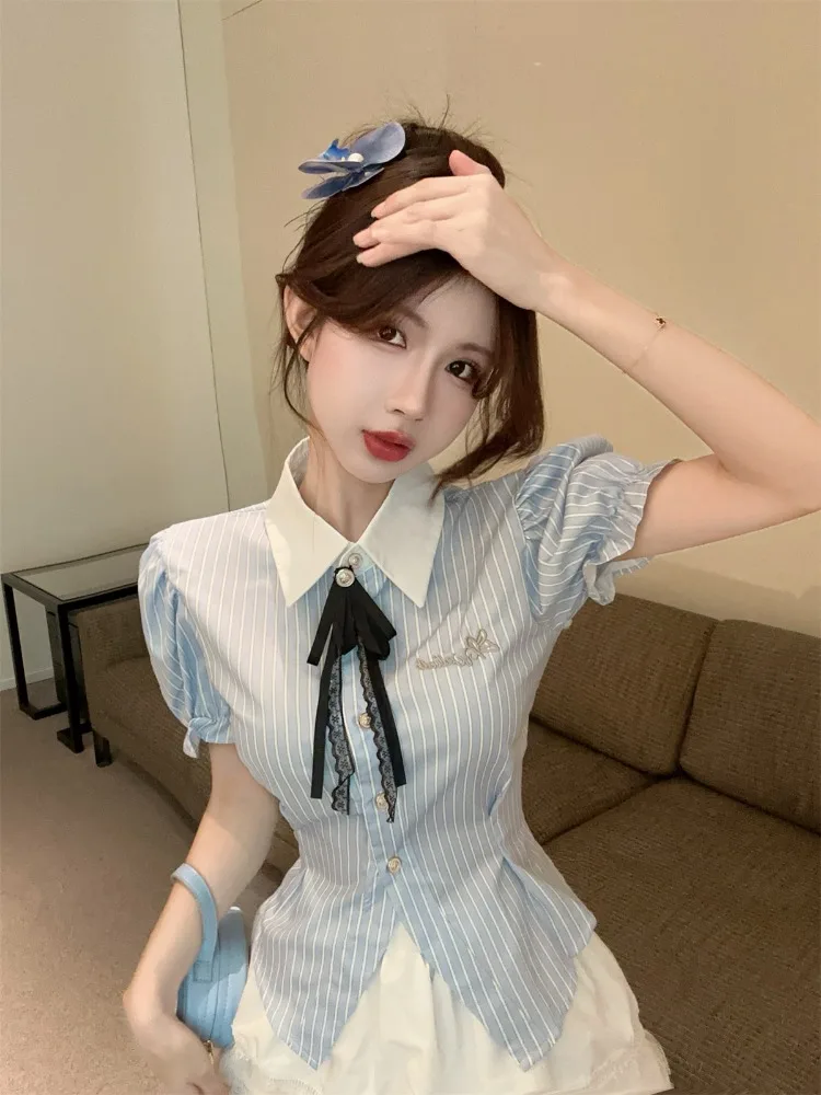 

College Style Lace Puffy High Waist Short Skirt And Shirt Set Summer Collection Bubble Sleeve Striped Waist Cinched Outfit