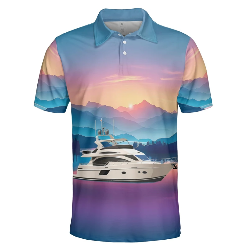 Fashion Boat Graphic Polo Shirts Summer Casual Vacation 3D Cruise Ship Printed T Shirts Trend Sunset Pattern Mens Polo Shirt