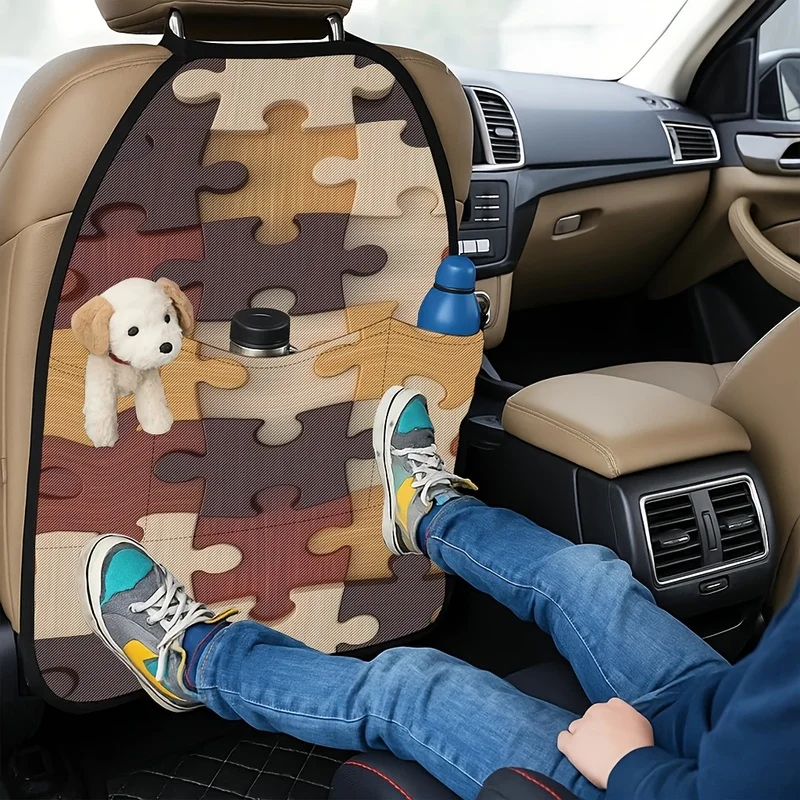 Car Seat Back Covers With Storage Pockets, Vintage Wooden Puzzle Pattern, For Car Interior Use
