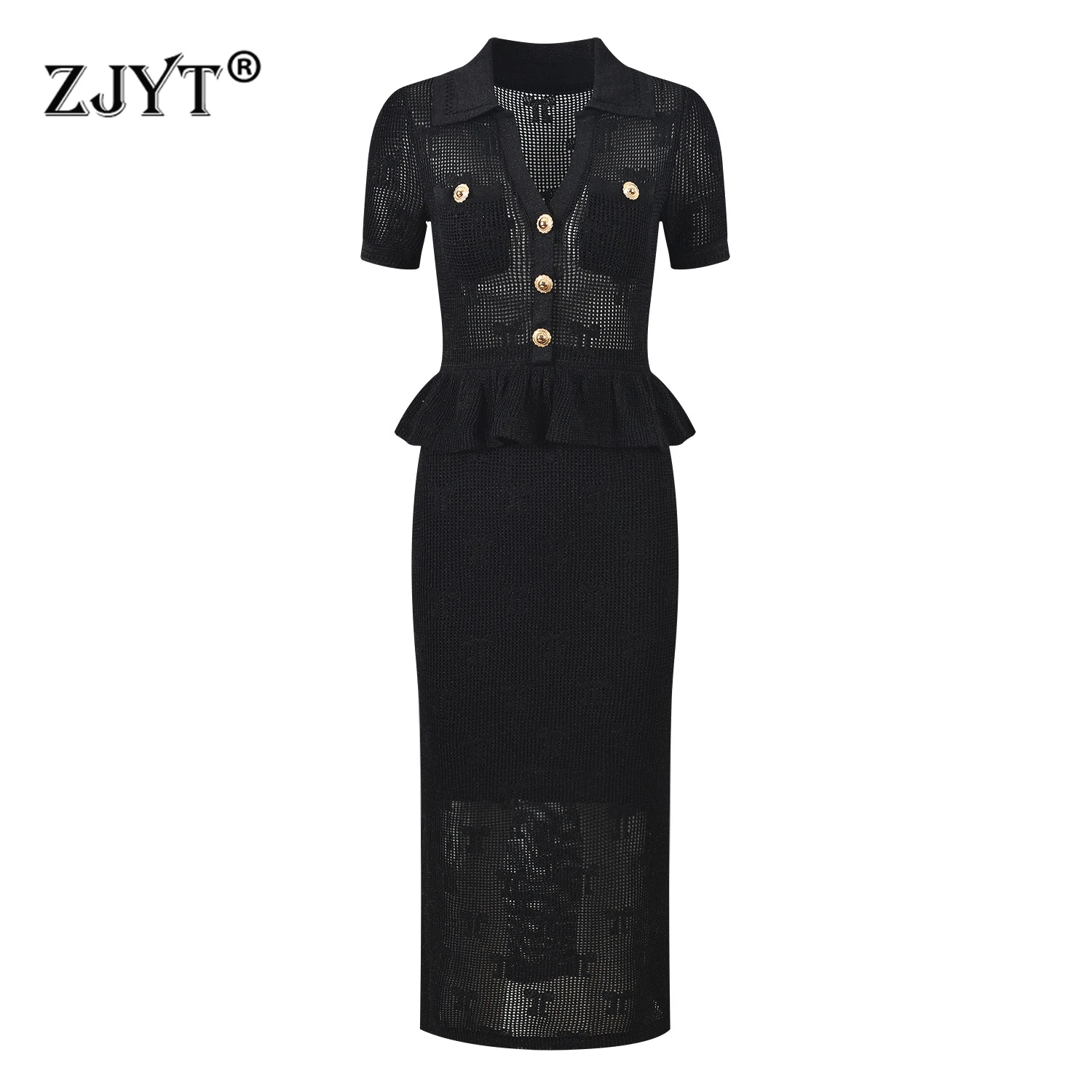 

ZJYT Summer Fashion Ruffles Patchwork Long Black Knitting Dresses Woman 2025 New Short Sleeve Slim Straight Party Sexy Dress