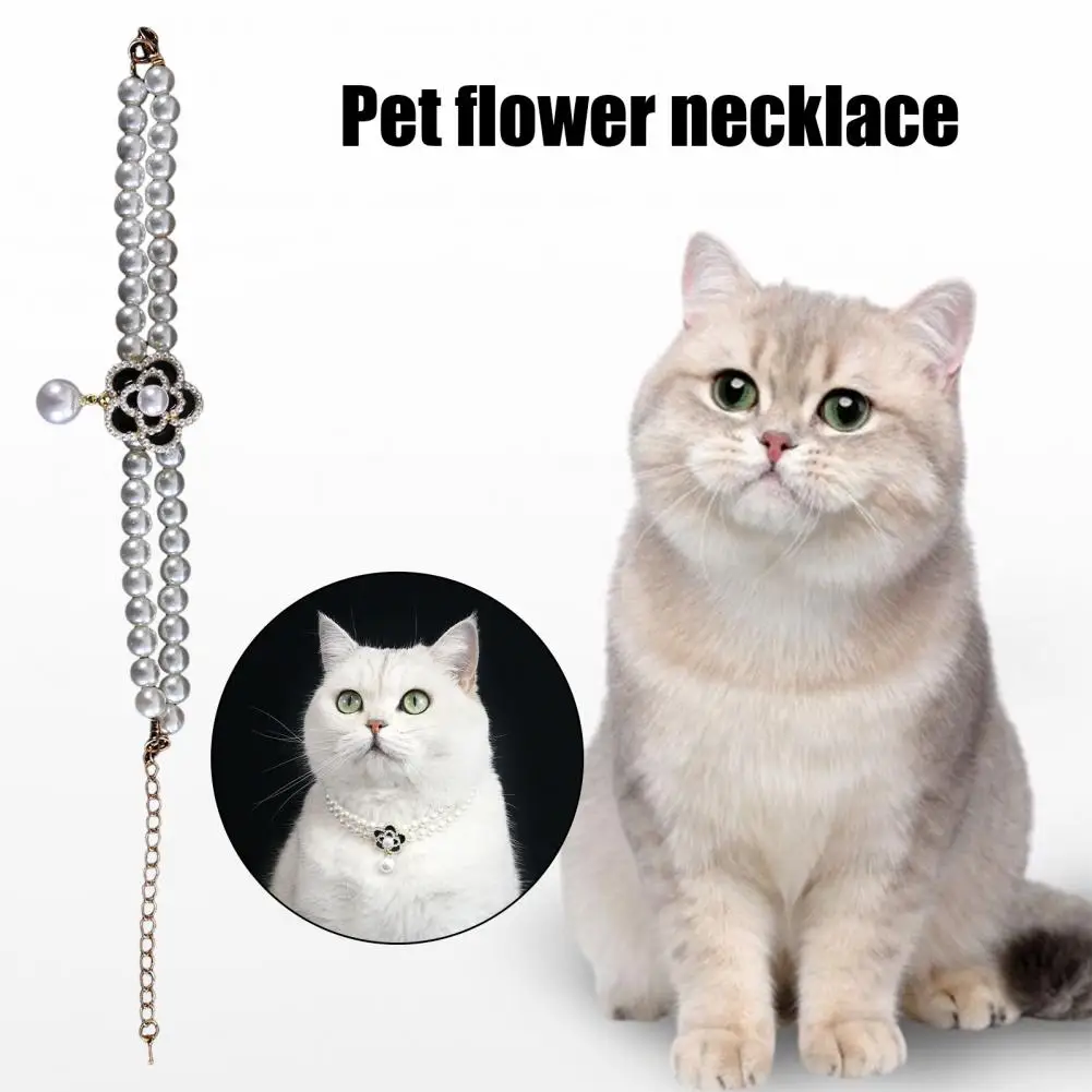 Collier pour animaux de compagnie avec décoration de perles artificielles, double couche, fleur de fausse perle, élégant, chats