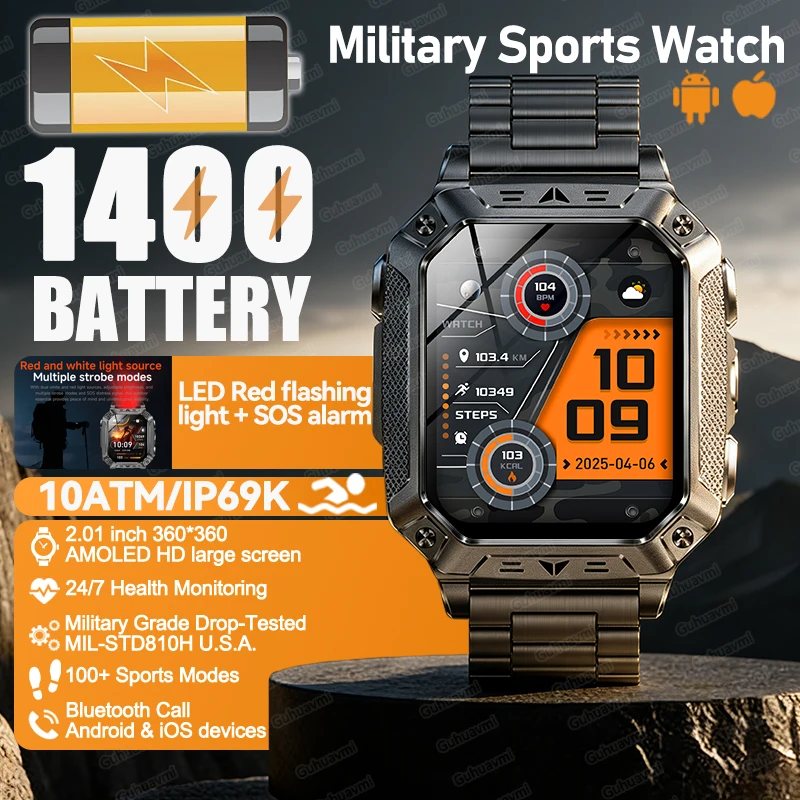 

2026 Outdoors Durable Men Sports Smart Watch 1400mAh Battery LED Flashlight IP69K Waterproof Bluetooth Call Military Smart Watch
