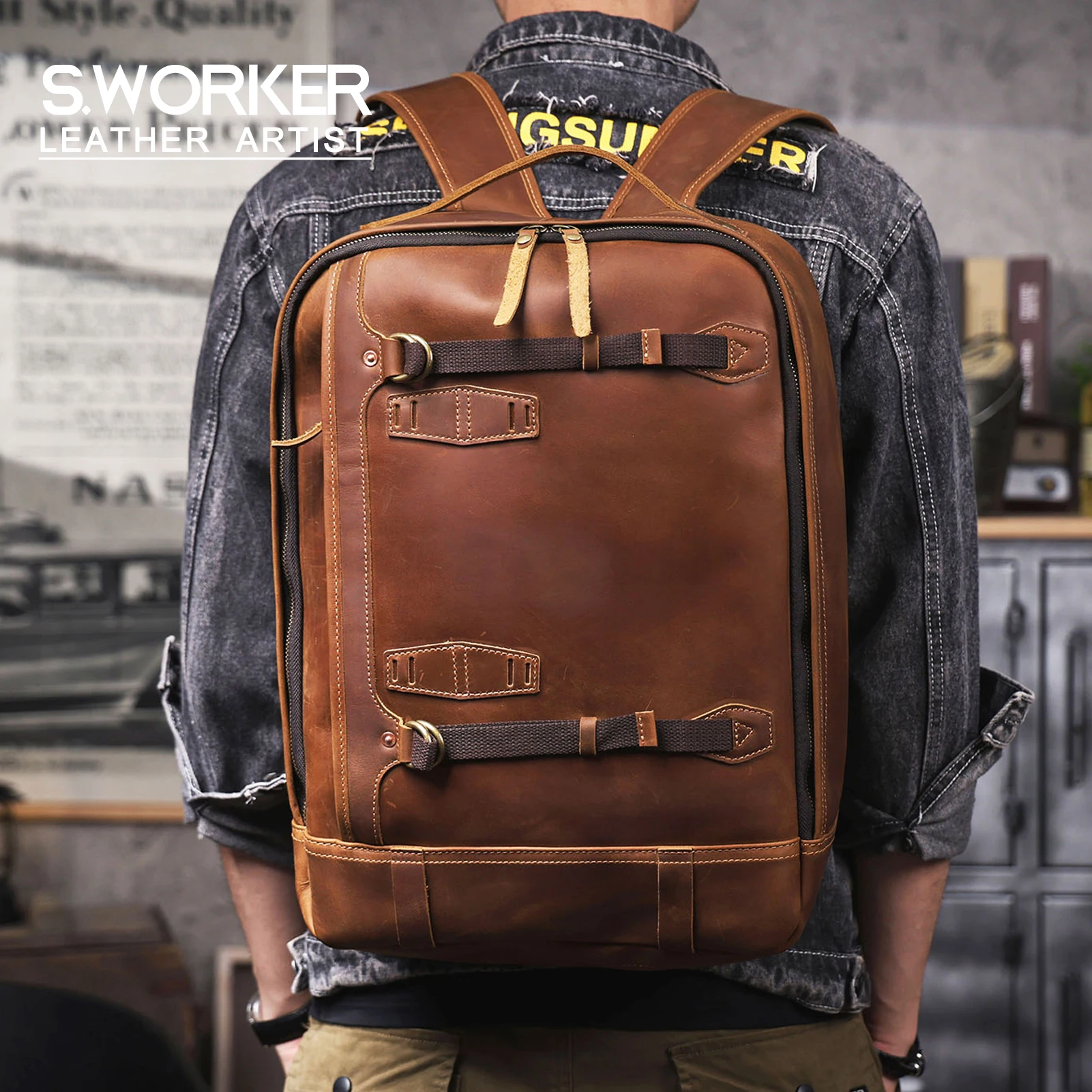 S.WORKER Vintage Echtleder-Rucksack 16" Laptop-Tasche Lässige Crazy-Horse-Leder-Schultasche Outdoor-Reise-Weekender-Tasche – Detail 2