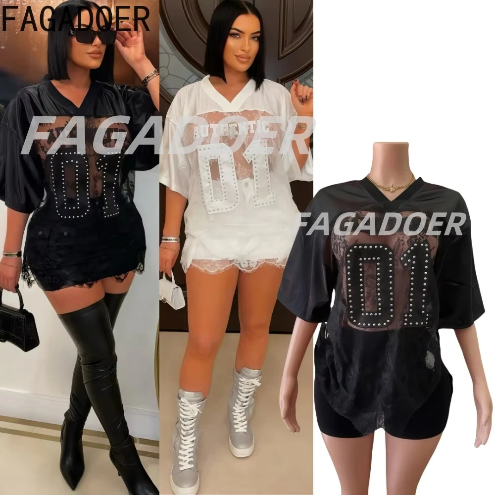 

FAGADOER Sexy Lace Patchwork T-Shirts Women Short Sleeve Deep V Letter Printing Crop Top Female Streetwear Clothing 2025 New