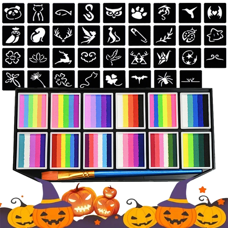 

12-Grids Face Painting + Template, Face and Body Painting Palette Set, Halloween Makeup Set, Water-Based Body Painting, Cosplay Party Art Stage Makeup