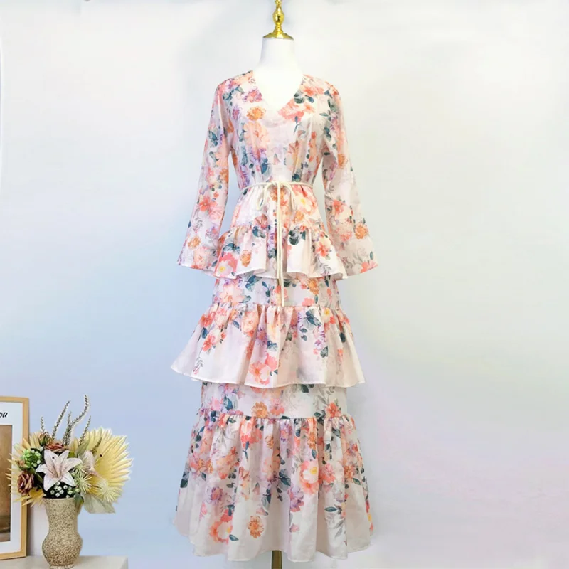 

Real Shot Z Home Early Spring Light Luxury High-End Colorful Flower Printing Layered Long Tiered-Ruffle Dress Dress