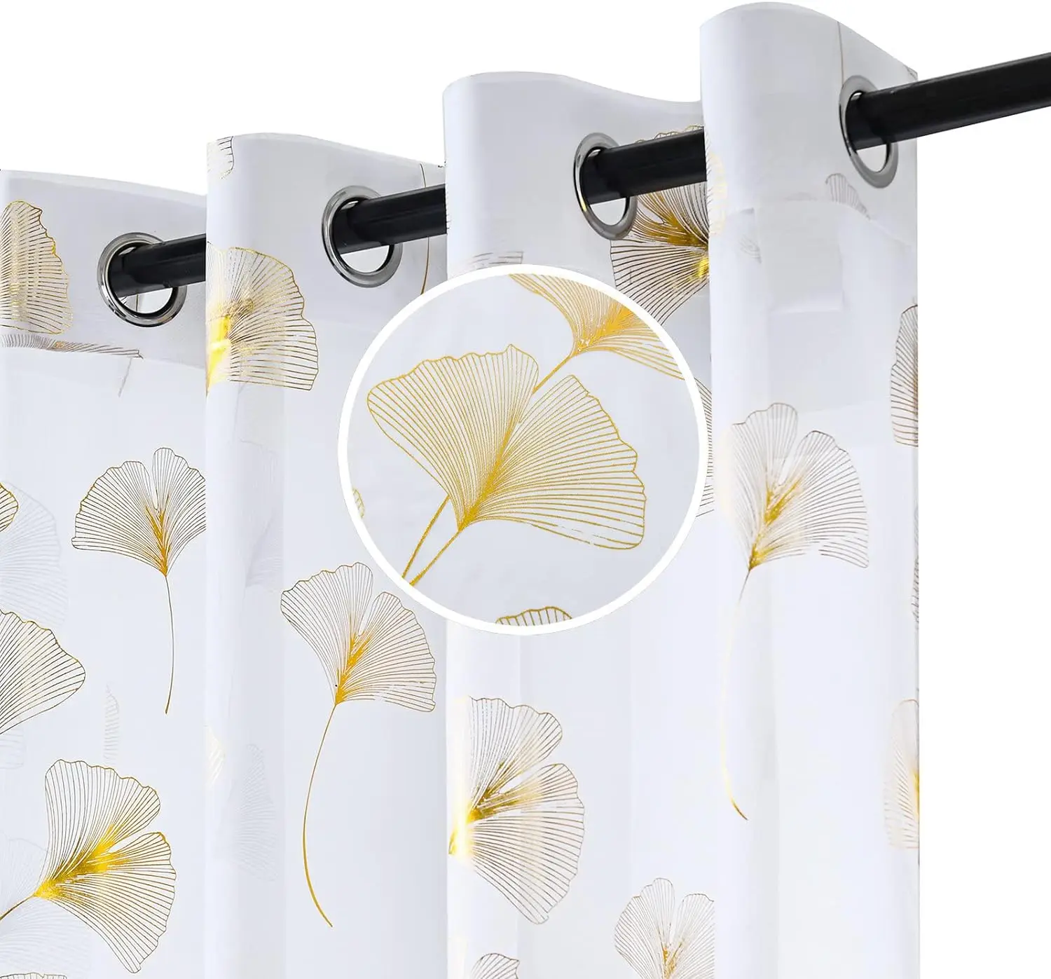 Gold Foil Print Voile Sheer Curtains, Leaves Grommet Top Window Drapes 96 Inches Long, Luxury Metallic Bronzing Treatment Panels