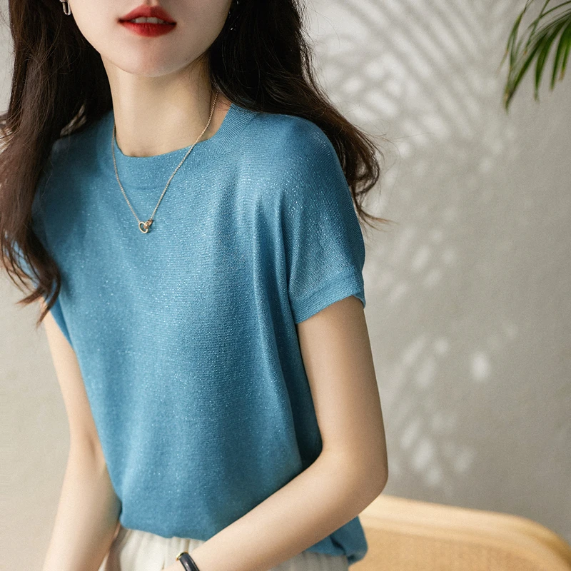 bright silk knit short sleeve women loose ice silk T-shirt summer wear new Korean linen round collar versatile thin jacket