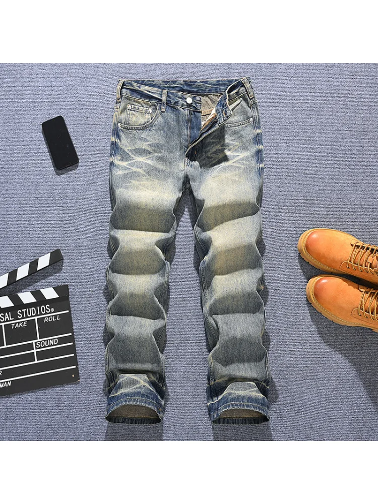 جينز قديم للرجال، فضفاض مستقيم الساق مغسول من قماش الدنيم القديم، أزياء ثقيلة راقية، سراويل حضرية وسيم