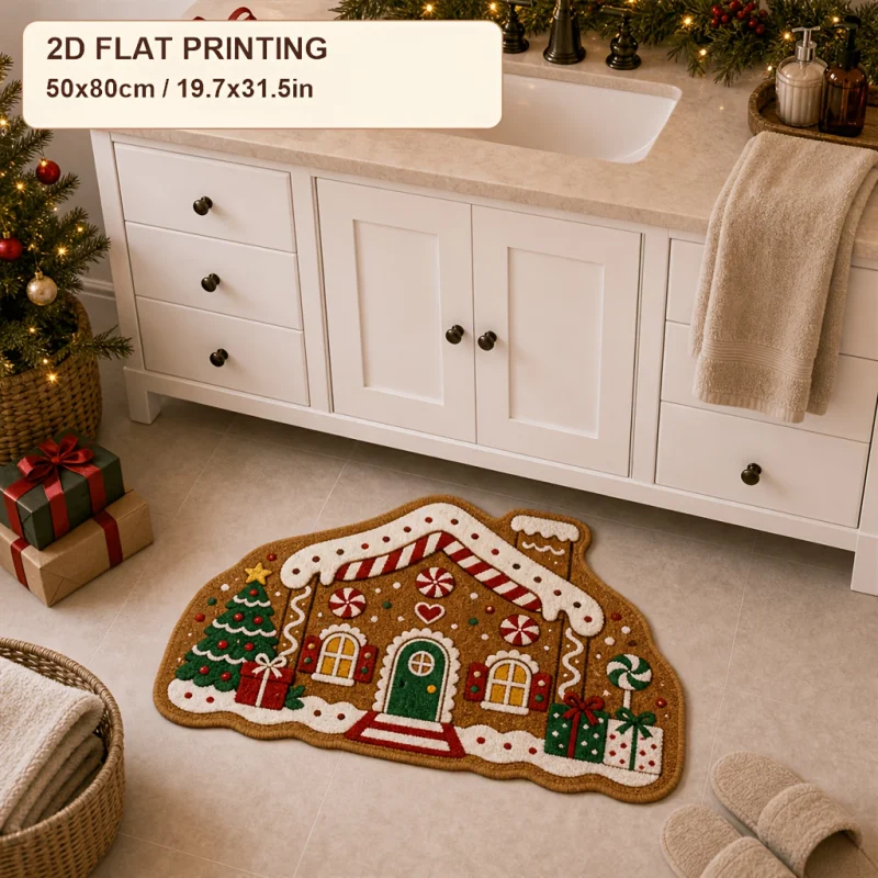 VIKAMA Christmas Gingerbread House Rug for Kids Room Bedroom, Plush Cartoon Floor Mat Red Green Non-Slip, Washable Home Decor