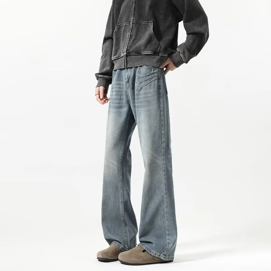 الرجعية الأمريكية Sle الرجال الجينز مستقيم الساق فضفاضة تناسب السراويل الطويلة ربيع الخريف Faionable Waed خارج ملابس غير رسمية