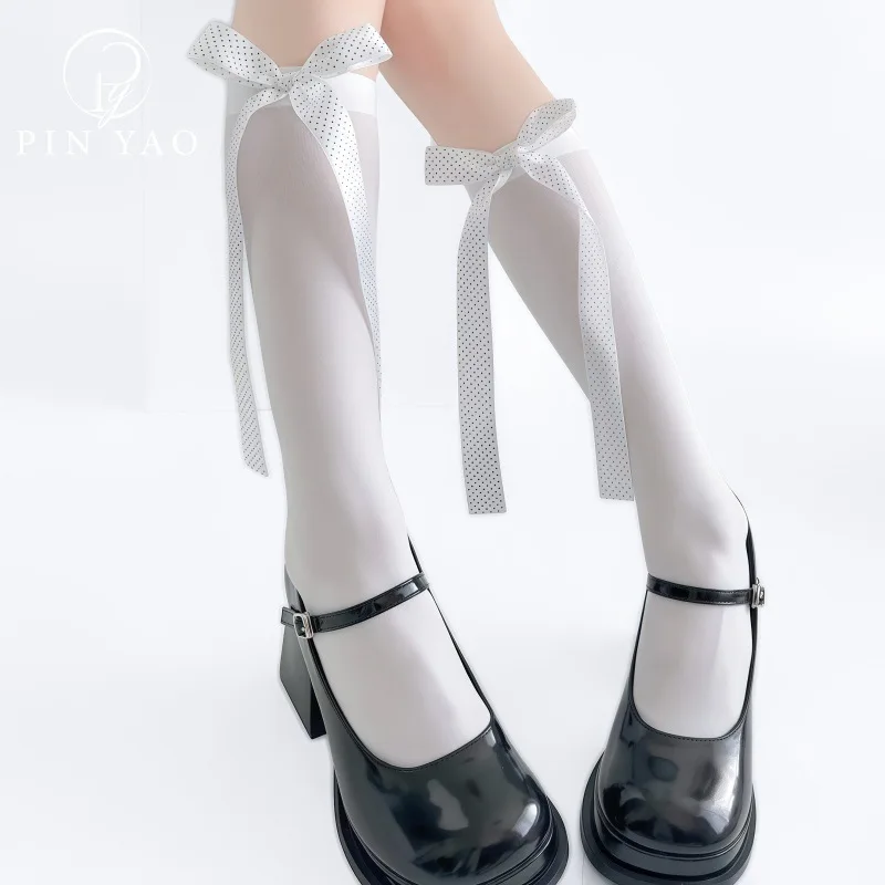 Sweet Thin Velvet Calf Over The Knee Slouch Socks For Girls Exquisite Polka Dot Long Tassel Bowknot Decor Skin Friendly Hosiery
