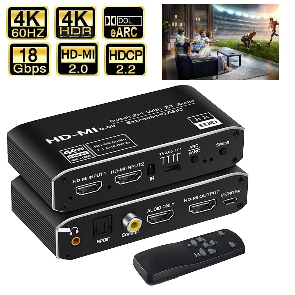 

5 шт. 2x1 4K HDMI-совместимый переключатель eARC аудиоэкстрактор с ARC и оптическим Toslink HDMI-совместимый переключатель 2,0 4K 60 Гц переключатель R