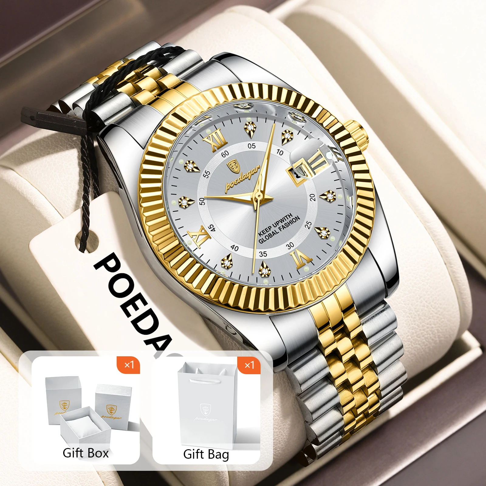 POEDAGAR Luxury Fashion Men Wristwatch Date Waterproof Luminous Man Watch Stainless Steel Business Quartz Men's Watches Gift+Box