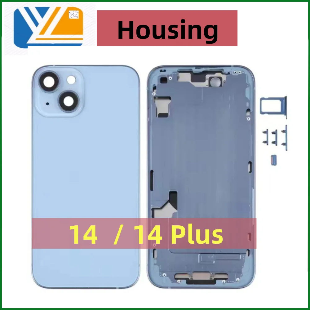 for iPhone 14 14Plus Back Housing Battery Door Glass Cover Back Glass+Middle Frame Chassis+Steel Plate+SimCard Tray+Side Buttons