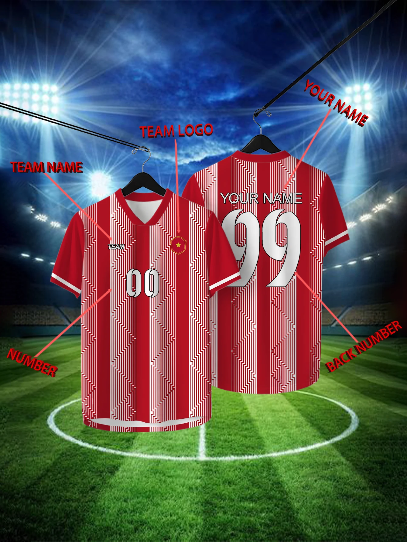 

Customized Geometric Red Short Sleeved Shirt with Team Name, Emblem, Name and Number, Outdoor Sports Short Sleeved T-shirt