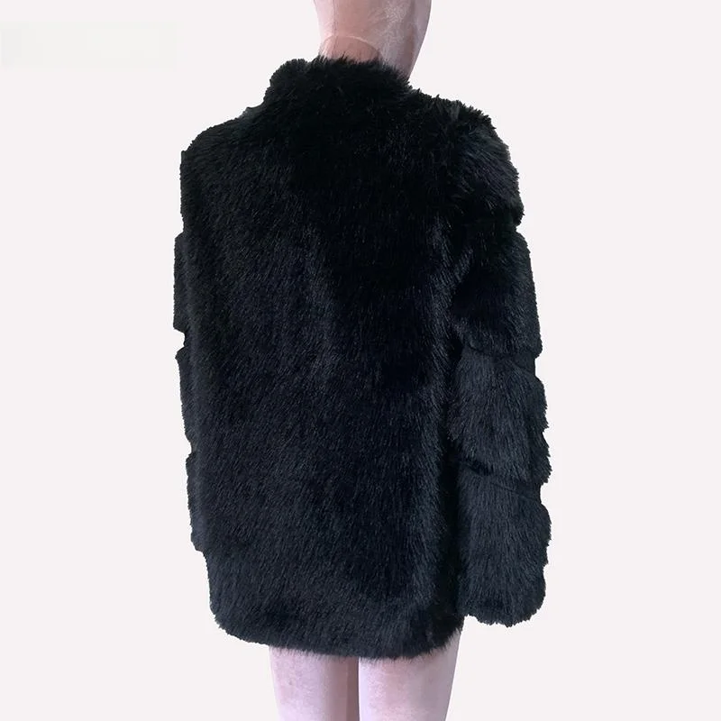 

Nerazzurri Women's Faionable Splicing Fur Coat Stand Collar Thiened Outerwear Korean Sle Stand Version Long Sve