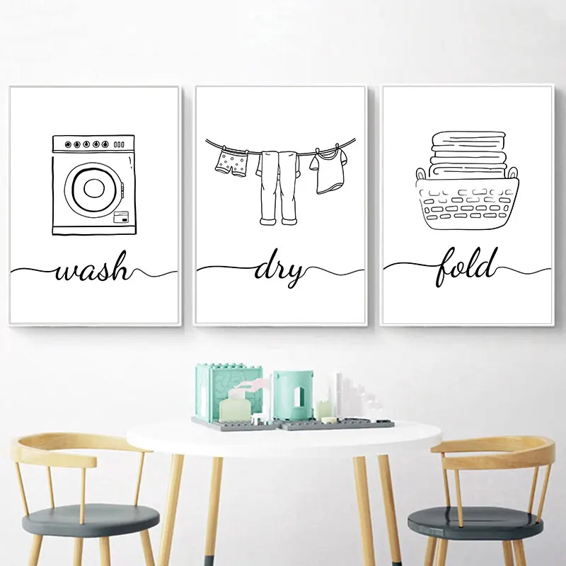 1PC  Black White Dry Wash Repeat Words Canvas Poster Prints Modern Wall Decorative Painting for Laundry Simple Bathroom Decor