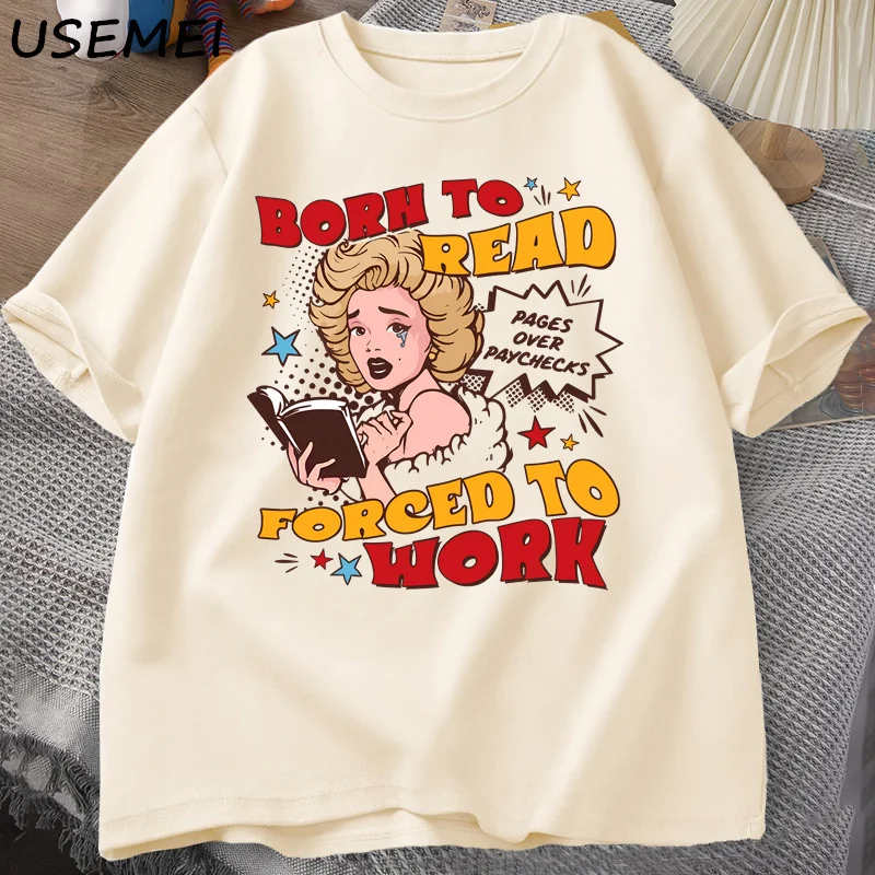 Born To Read Forced To Work Tshirts Funny Reader Book Addict T-shirt Book Lover Bookish T Shirt Women Library Short Sleeve Tees