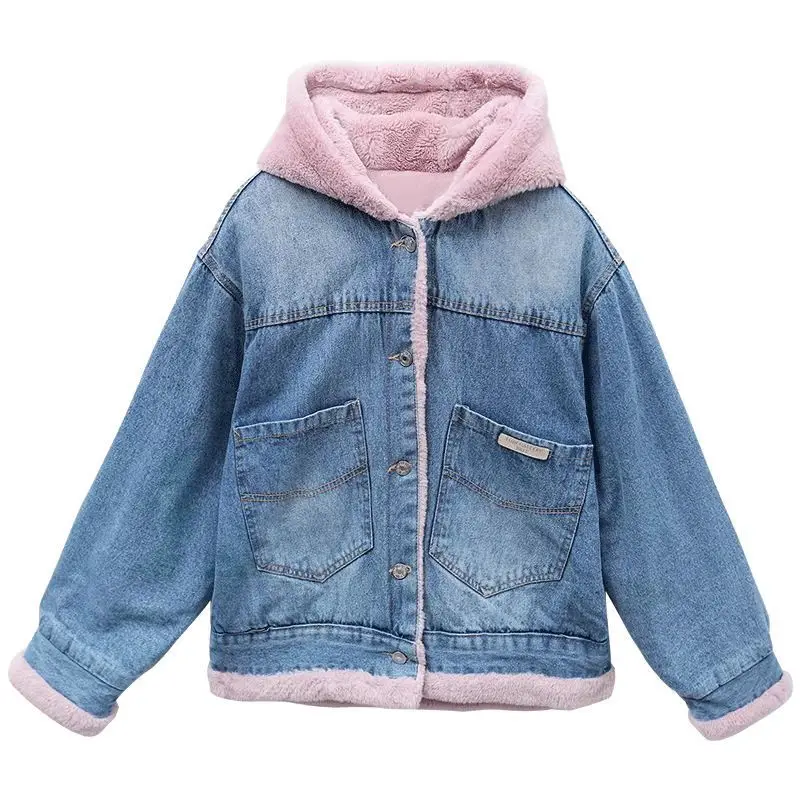 Short Winter 2024 for Cold Crop Hooded Woman Jean Coat with Fur Plush Warm Padded Outerwear Pink Denim Jacket Women Small Models