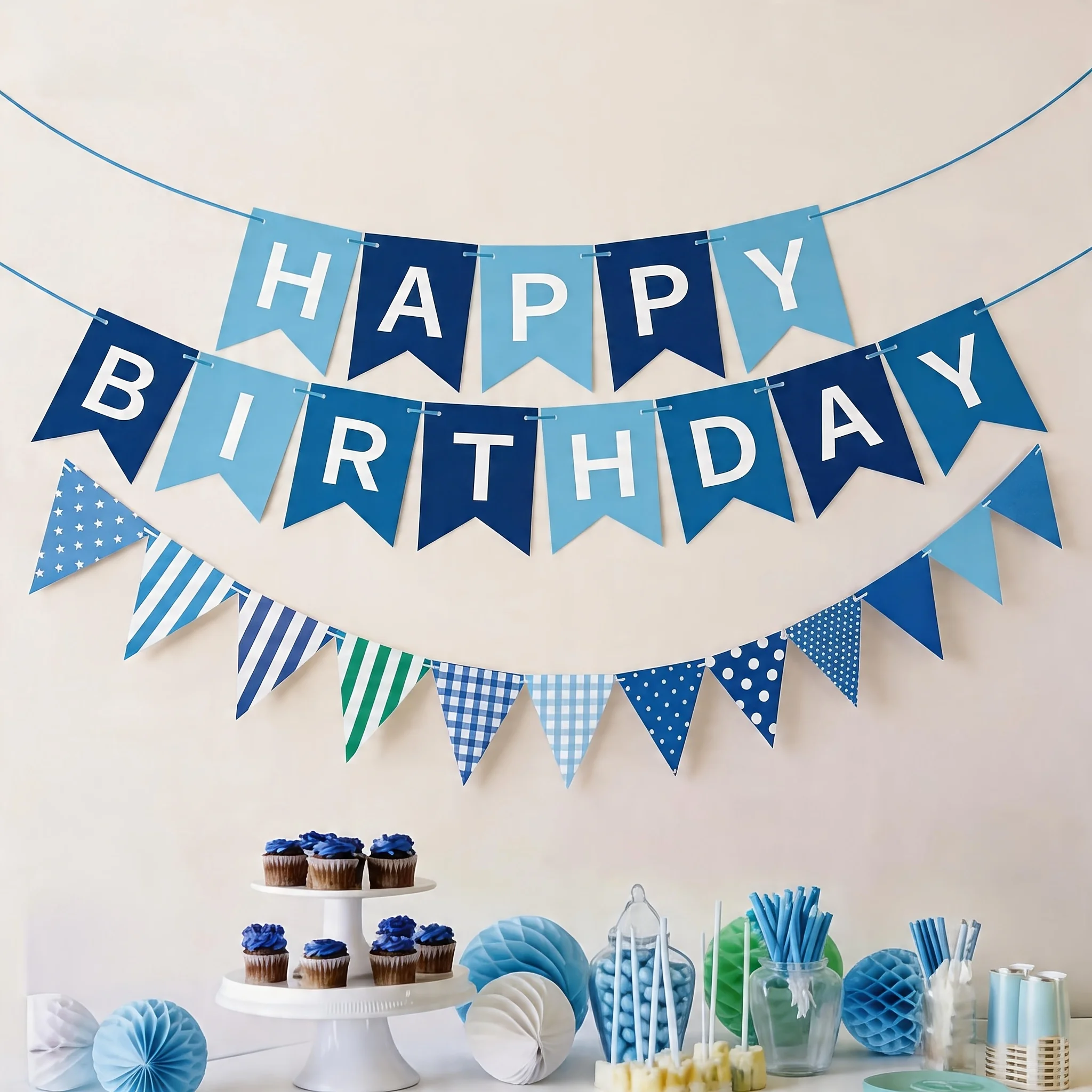 2 Stück Happy Birthday Banner, Blaue Wimpelkette mit Schnur, Partydekoration, Fotohintergrund, Feierzubehör
