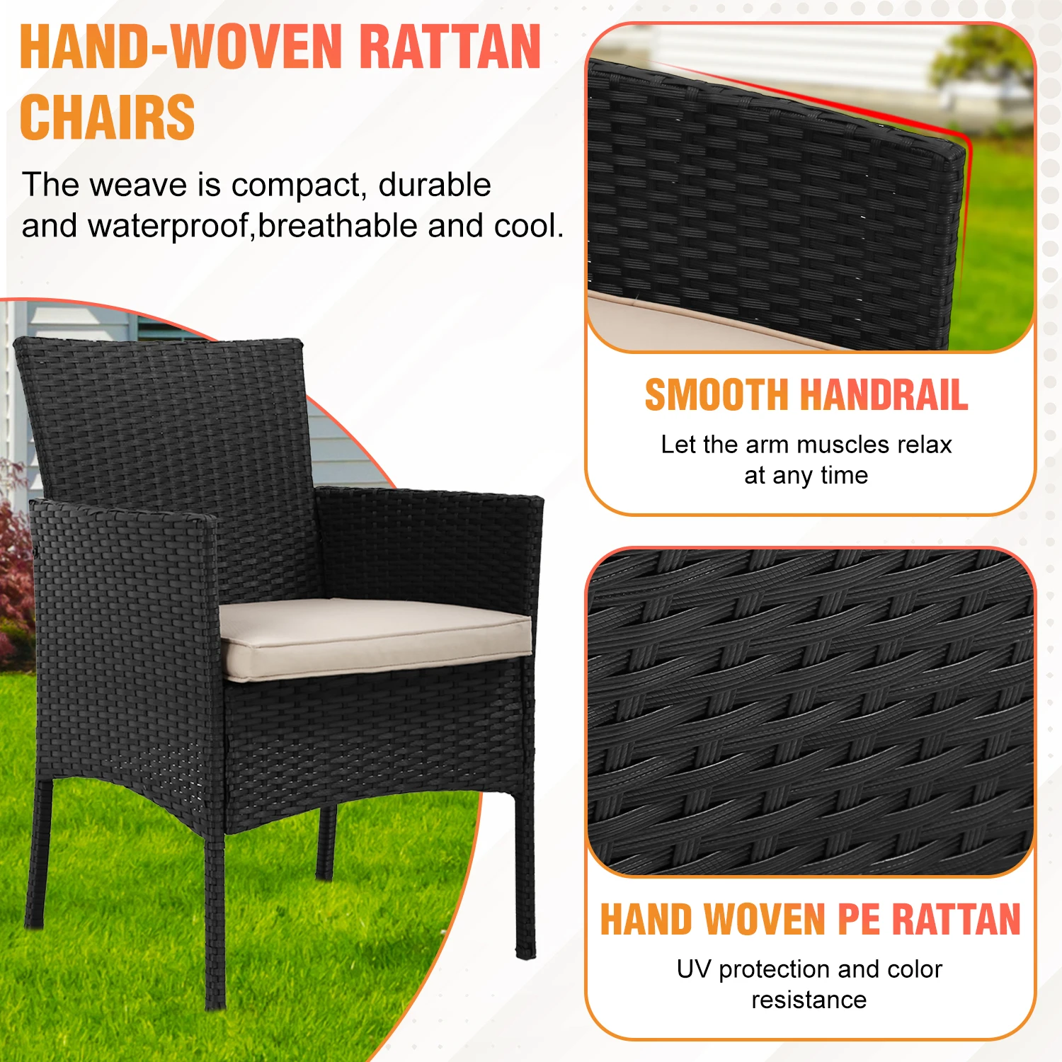 Set Furnitur Teras 3 Buah, Kursi Rotan Modern dengan Meja Kopi, Tahan Cuaca untuk Beranda, Taman, Halaman