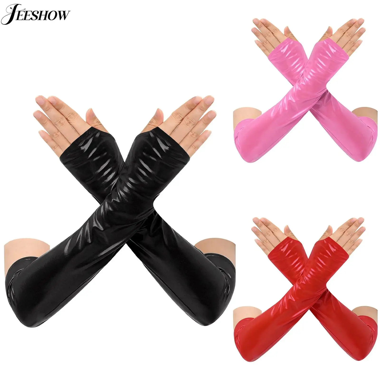 1 Pair Patent Leather Long Gloves for Women Wet Look Over the Elbow Length Fingerless Latex Gloves for Cosplay Theme Party