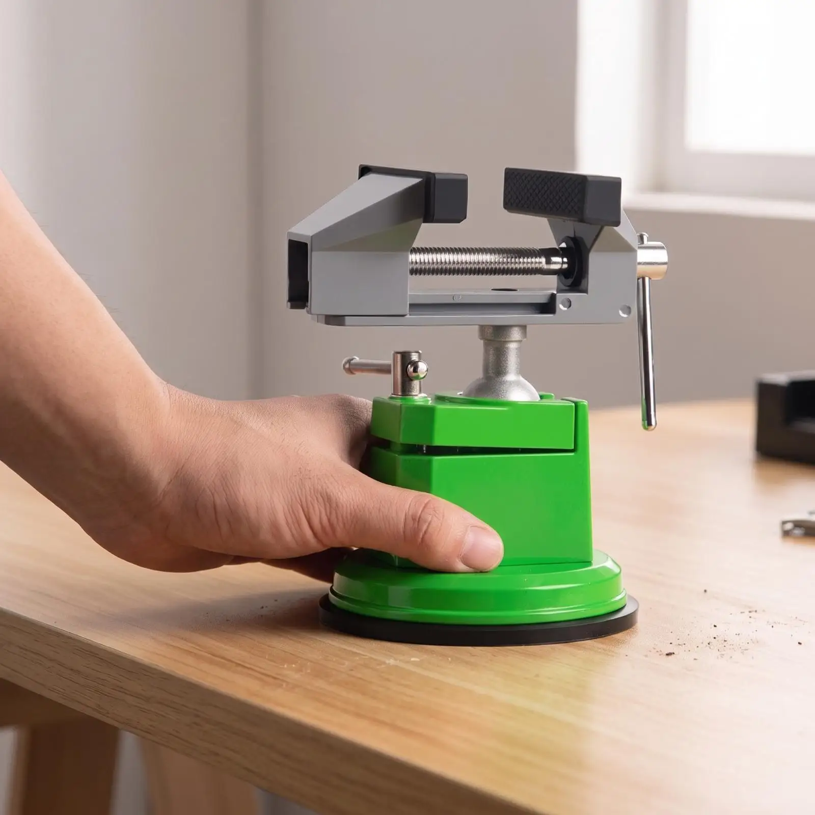 Lightweight Aluminum Suction Vise for Hobbyist Projects with 50mm Jaw Opening and Rotating Base for Angle Positioning