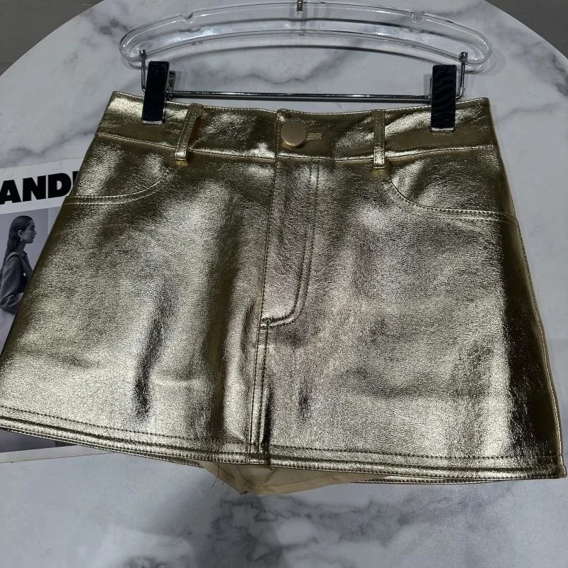 2023 Spring New Female Arrival Bright Faux Leather Golden Pu Women Short Mini Skirt