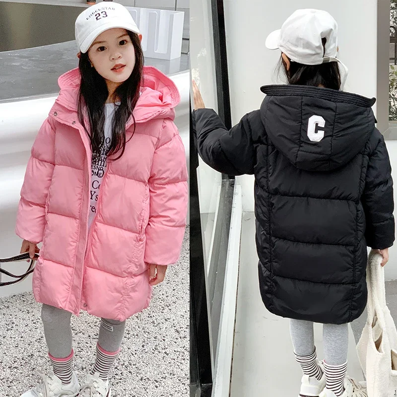 

3-10 Years old Winter Teen Girls Jacket Solid Color Letter Print Thick Keep Warm Hooded Coat For Kids Down Cotton Snow Clothes