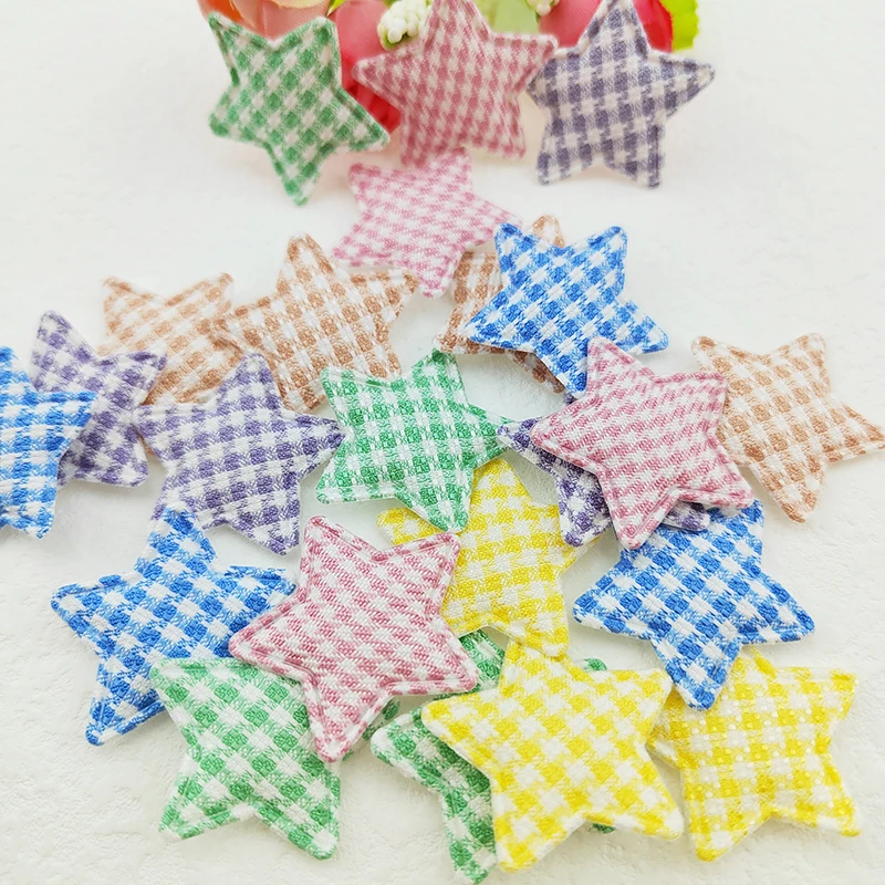 100Pcs 3CM Gingham Star Applique Padded Patches For Clothes Hat Crafts Sewing Supplies DIY Headwear Hair Clips Bow Decor