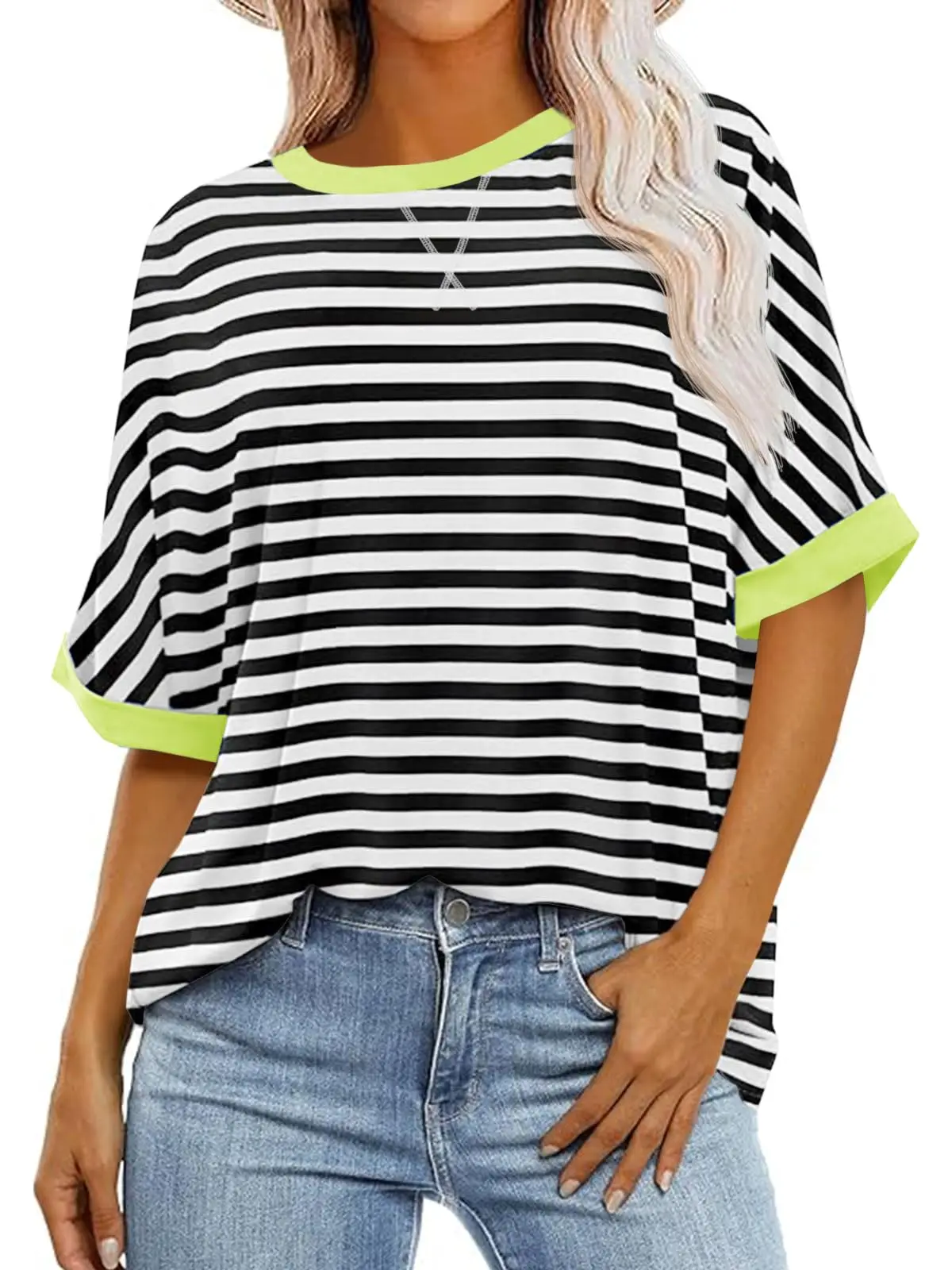 

Women's Oversized Striped Tee T-Shirts Summer Casual Color Block Half Sleeve Crew Neck Female Cozy Loose Cotton Tees Tops