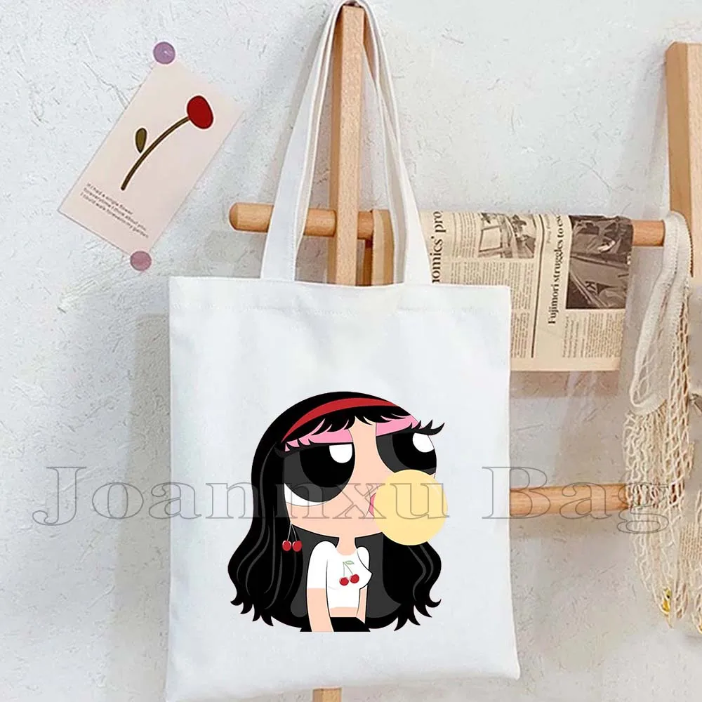 Aesthetic Pink Powerpuff Canvas Shoulder Tote Bag Girls Cartoon Women Harajuku Shopper Reusable Cotton Foldable Shopping Handbag