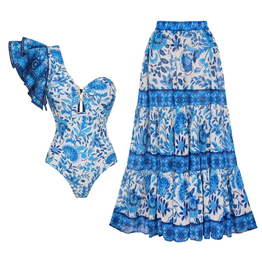 Women's One Shoulder Ruffle Swimsuit - New V Neck Bathing Suit Sexy Beachwear with Beach Skirt High Waist Bodysuit Swimwear