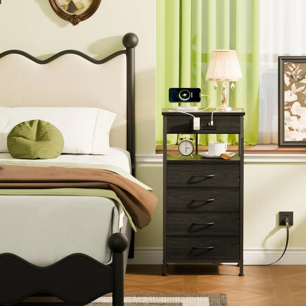 

Bedside table with charging station, 4-drawer dresser with storage shelves, closet fabric end table, 3 ways to use