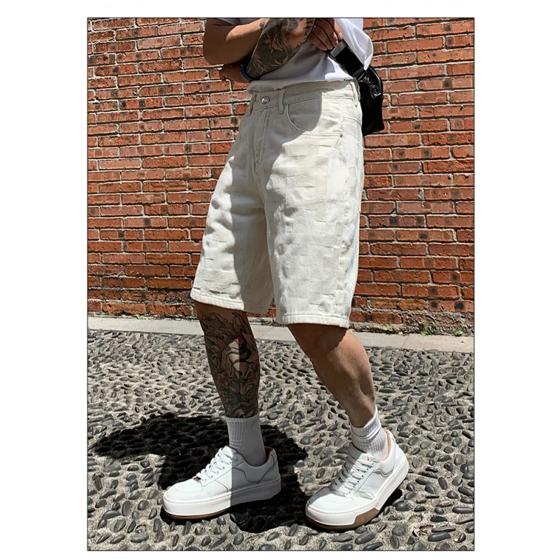 

9378 Summer tide senior sense washed plaid jacquard denim shorts men's straight five trousers trend