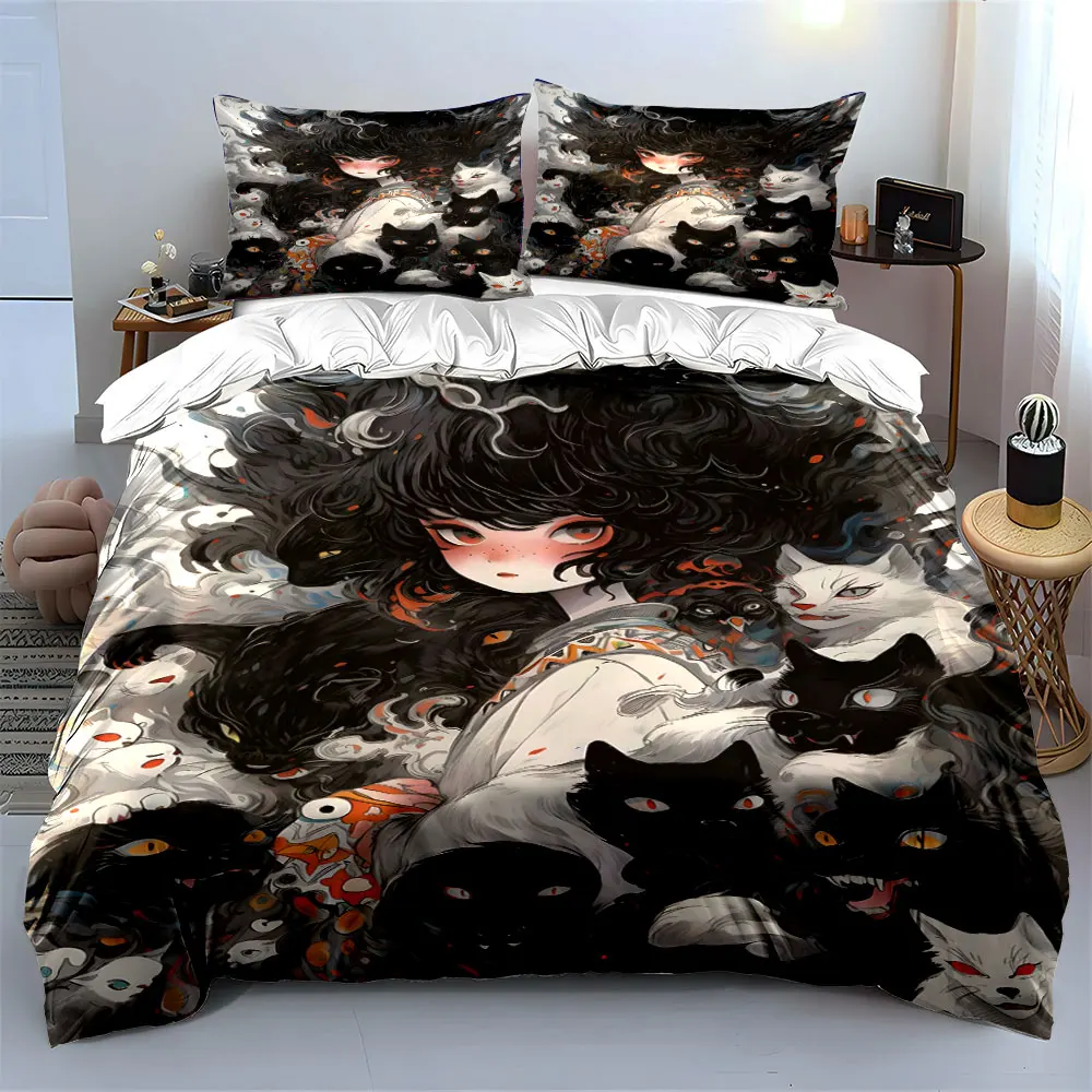 Girl with Mysterious Cat Horde Print Bedding Set 1 Duvet Cover 2 Pillowcases for Adult and Children Luxury Gift Full Size