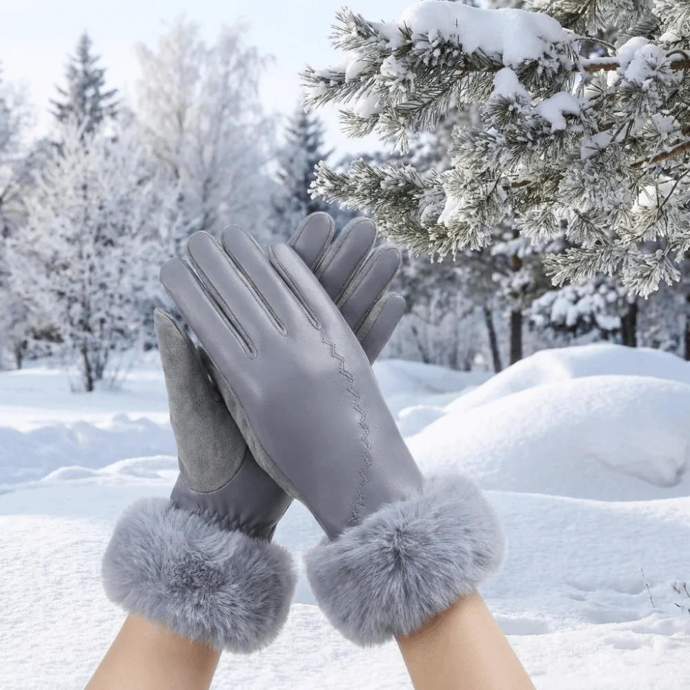 Fleece Lined Leather Gloves Anti-splash Water Fur Cuff Winter Mittens Soft Texture Longer Wrist Touchscreen Gloves Driving