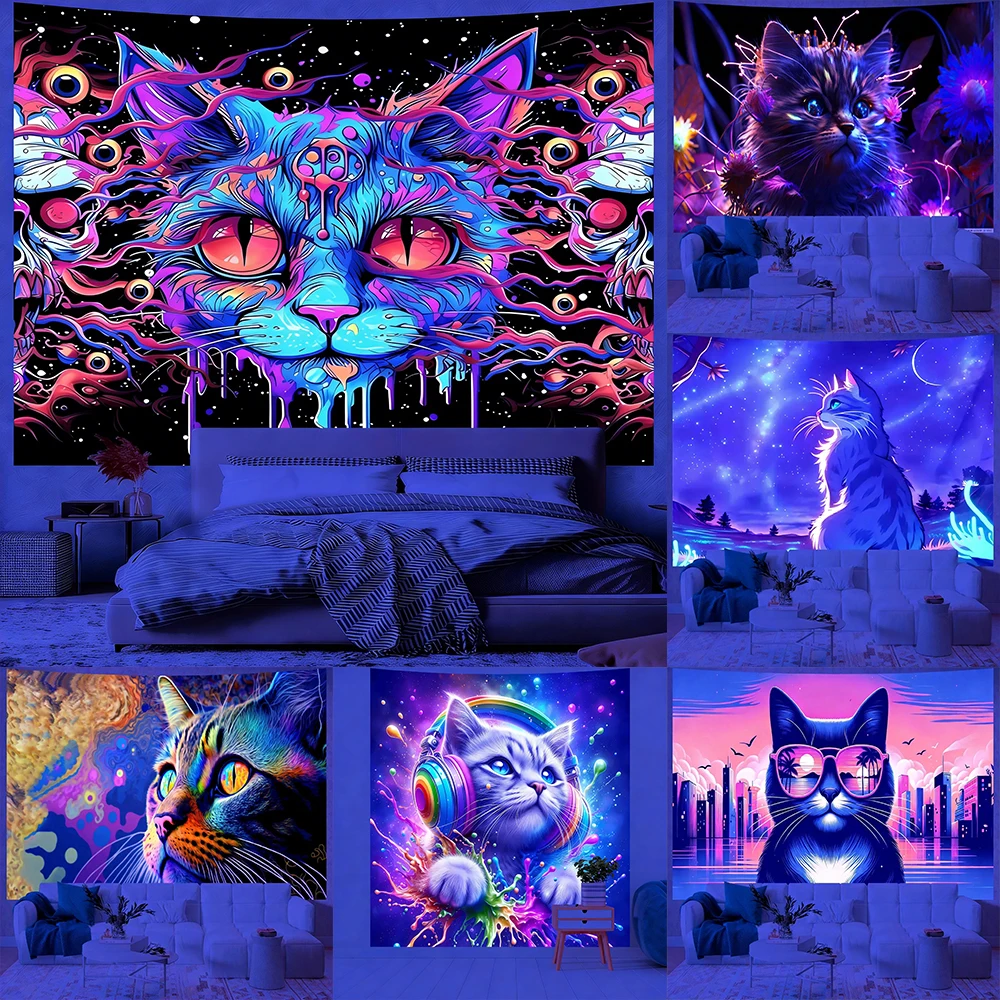 

Glowing Cat Tapestries for Bedroom Decor UV reaction tapestry background decoration wall hanging bedroom party decoration