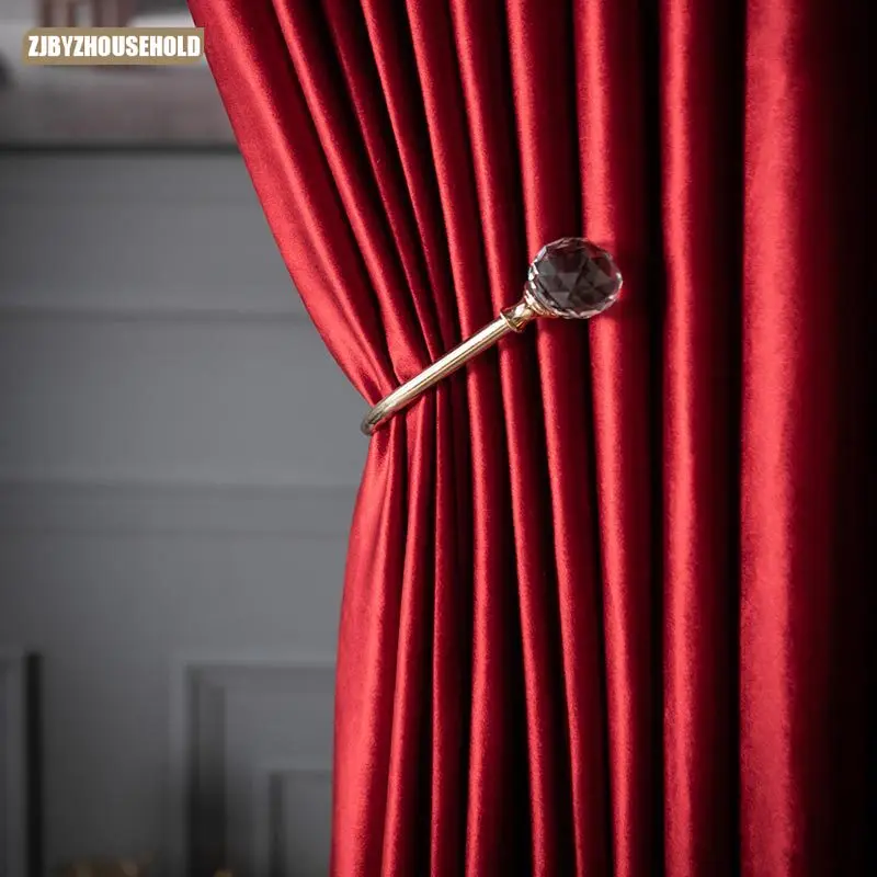 Thickened Light Luxury Velvet Curtains for Living Dining Room Bedroom Thickened Blackout Red Chinese Background Velvet Curtain