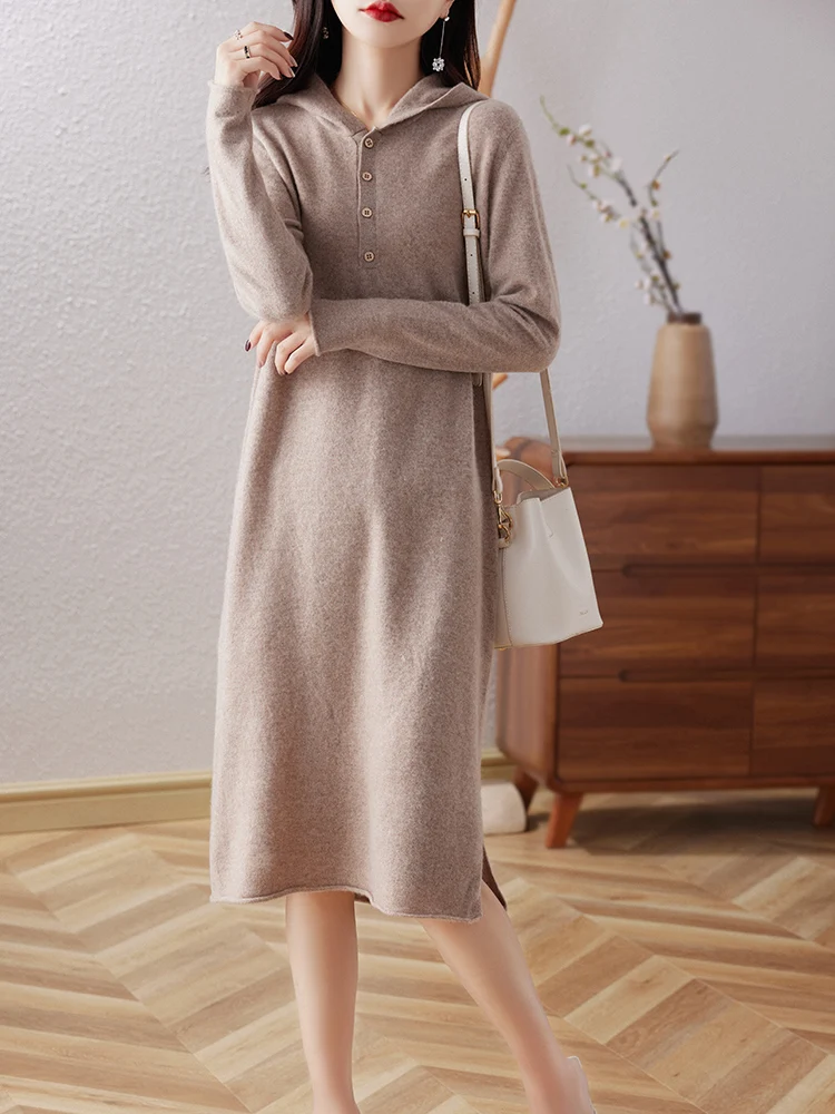 

Hot Sales New 100% Pure Merino Wool Sweater Long Dress Women Long Sleeve Knitted Dresses Female Solid Fashion Hooded Pullover
