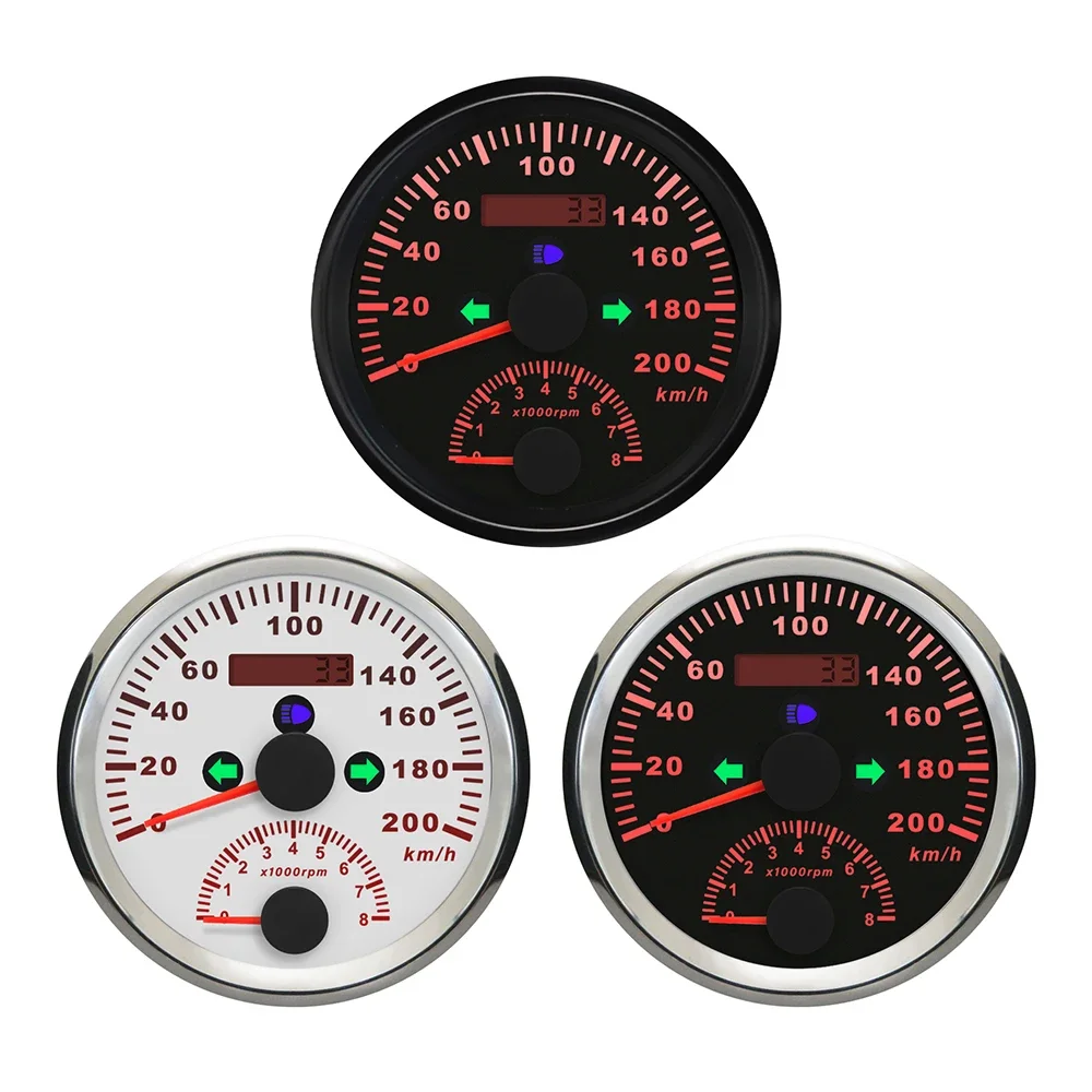 ELING 85mm 0-200km/h GPS Speedometer Tachometer 0-8000RPM 2 in 1 High Beam Turn Light Red Backlight 12V with GPS Antenna