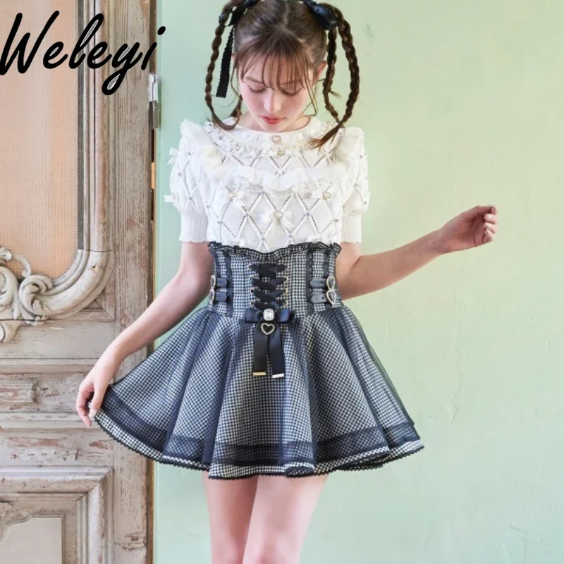 Jirai Kei Style Skirt Woman Mine Japanese Mass-Produced New High Waist Slimming Thigh-Length Cover Mesh Belt Buckle Waist Skirts