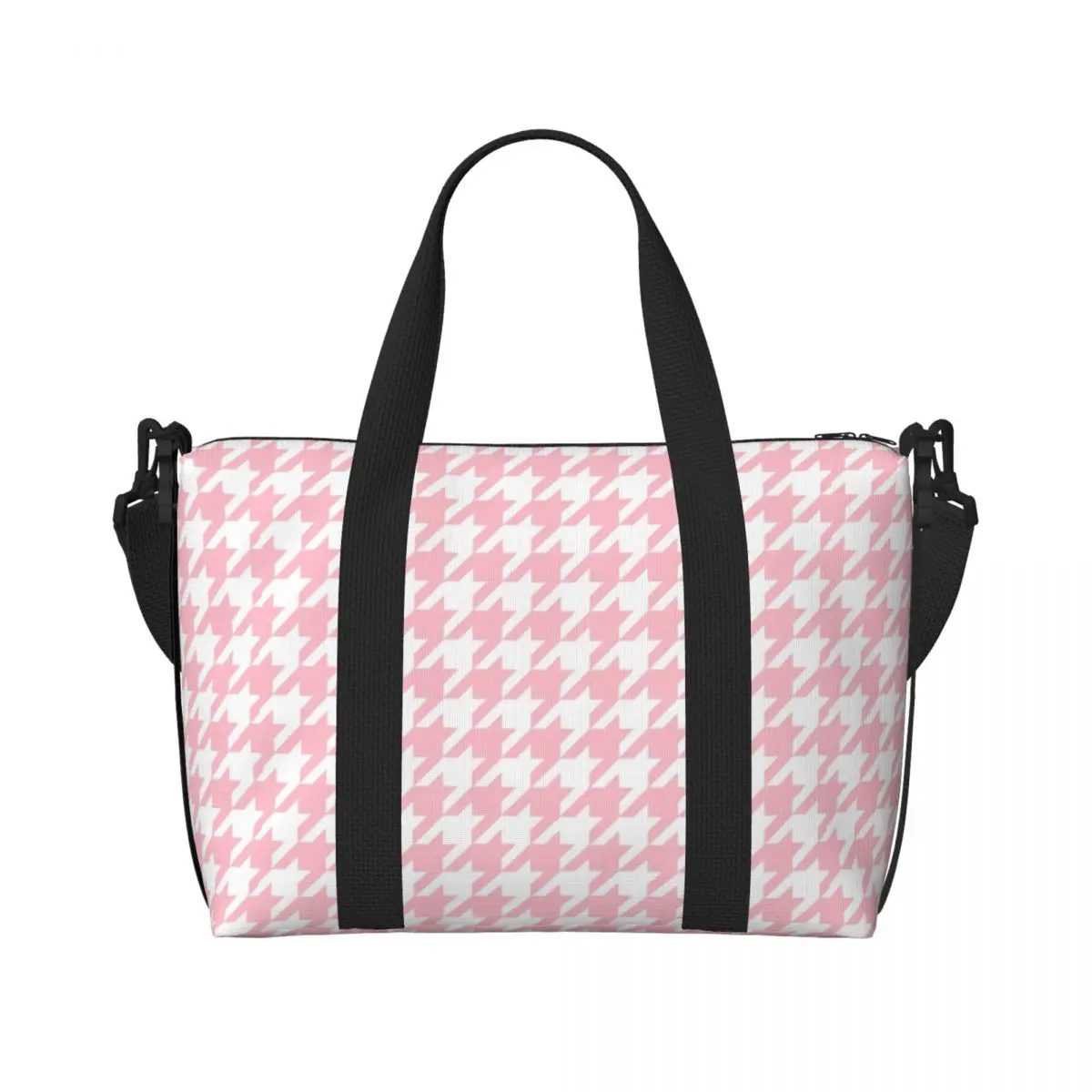 Custom Pink Houndstooth Beach Tote Bag Women Extra Large Gym Carry On Geometric Dogstooth Graphic Travel Shopping Bags