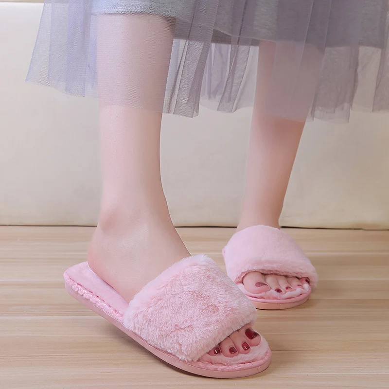 Fur Women Slippers Winter New Fashion Plush Shallow Mouth Indoor Outdoor Flip-flop Casual Bedroom Solid Color Slides Flat Shoes