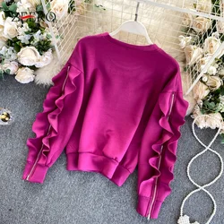 Autumn Winter Women Clothes Solid Color O-Neck Collar Long Sleeve Sports Tops Female Loose Zipper Ruffle All-match Base Pullover