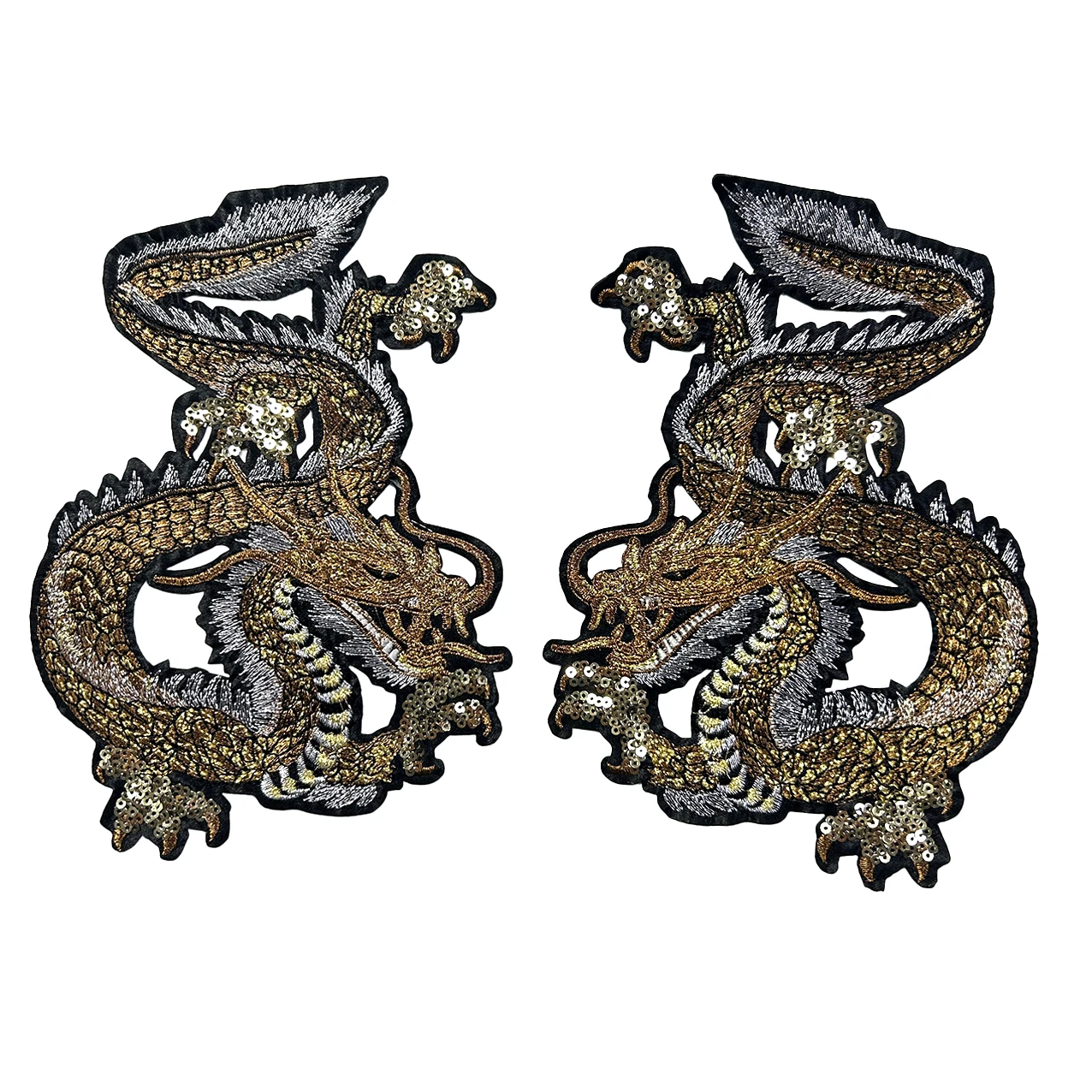 Einzigartiger, cooles, symmetrischer goldener Drachen-Aufnäher zum Aufbügeln für Jacken, Mäntel, Taschen, DIY-Bekleidungszubehör