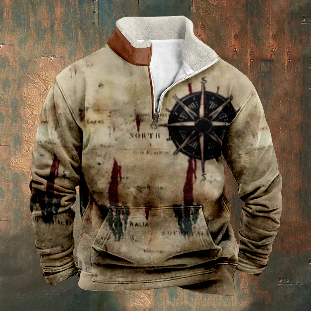 

Patchwork Men's Sweatshirt Vintage Print Sweatshirts Brown Long Sleeve Stand Collar Zipper Casual Pullovers